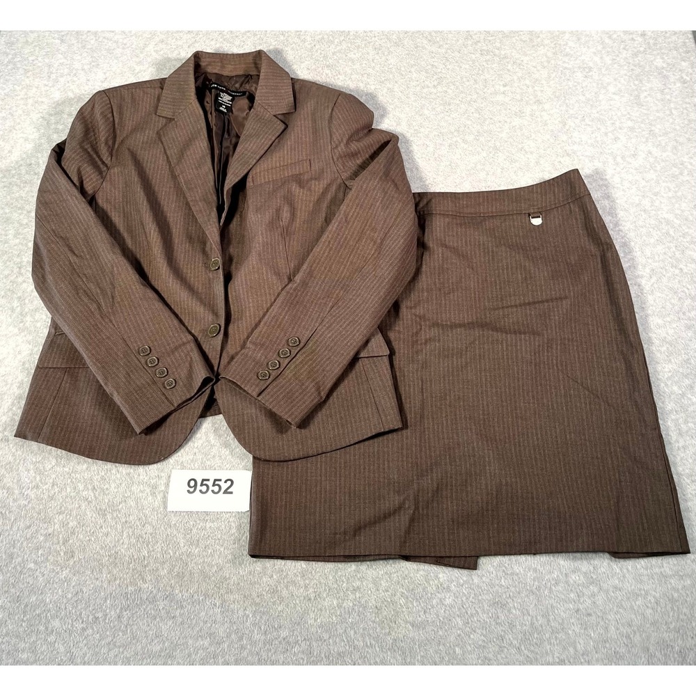 New York & Company Skirt Suit Set Womens 14 Brown Striped Lined Stretch Formal